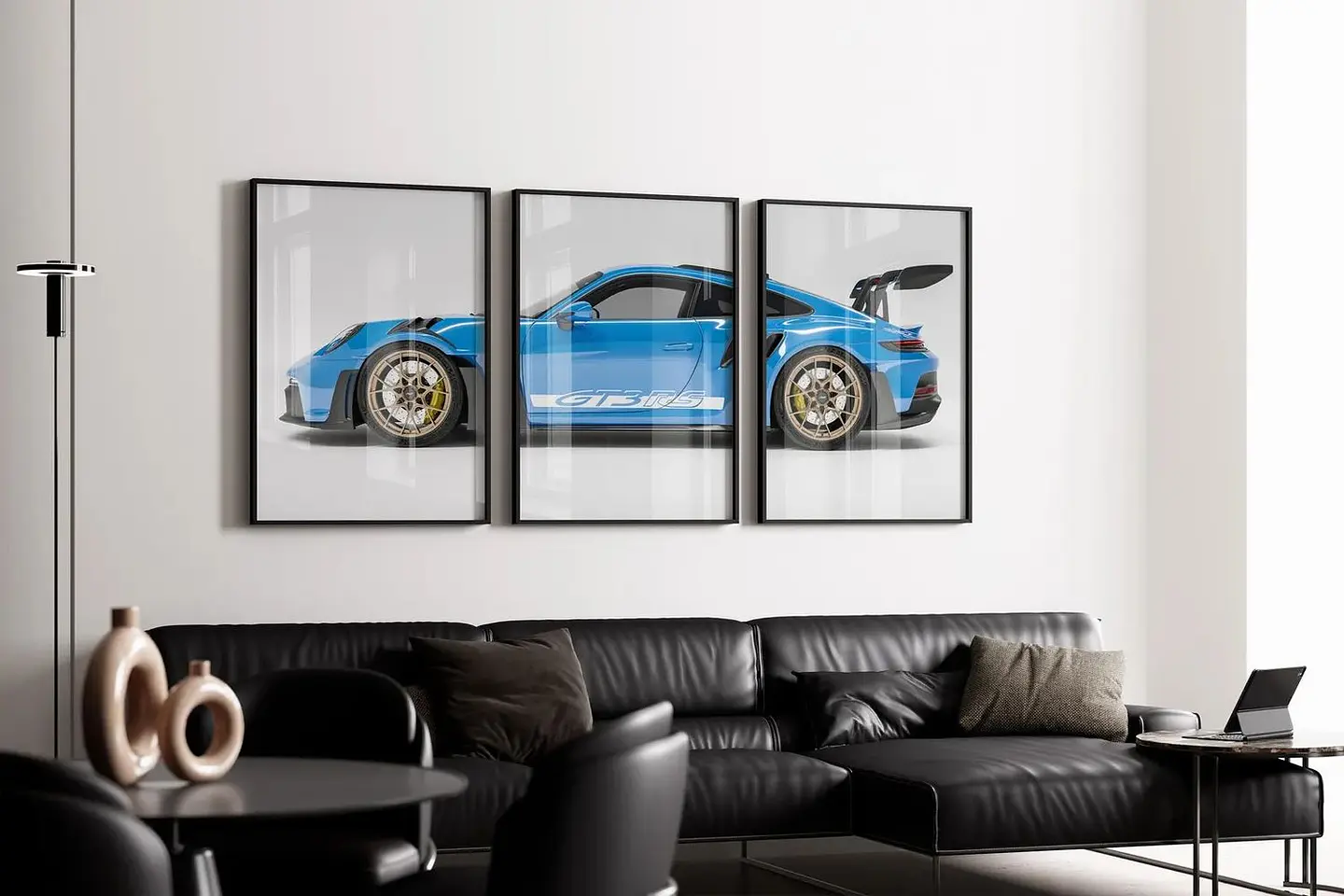 Set De 3 Cuadros Porsche 911 Gt3 Rs Azul Celeste + Marco 2