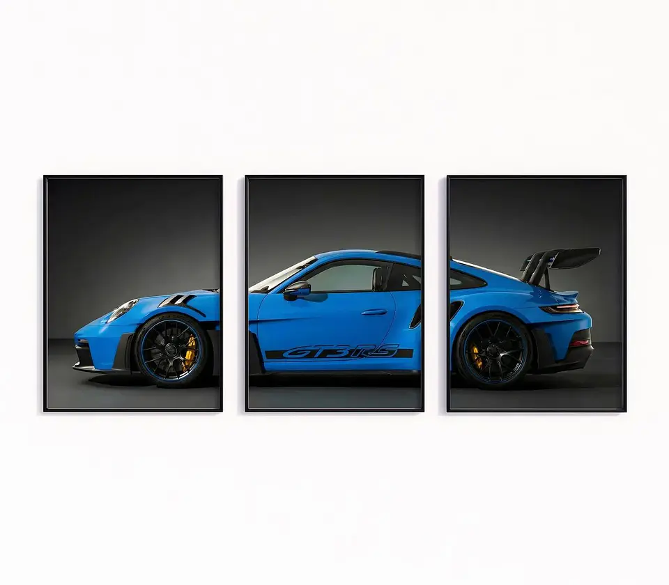 Set De 3 Cuadros Porsche 911 Gt3 Rs Azul + Marco 1