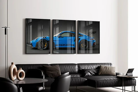 Set De 3 Cuadros Porsche 911 Gt3 Rs Azul + Marco