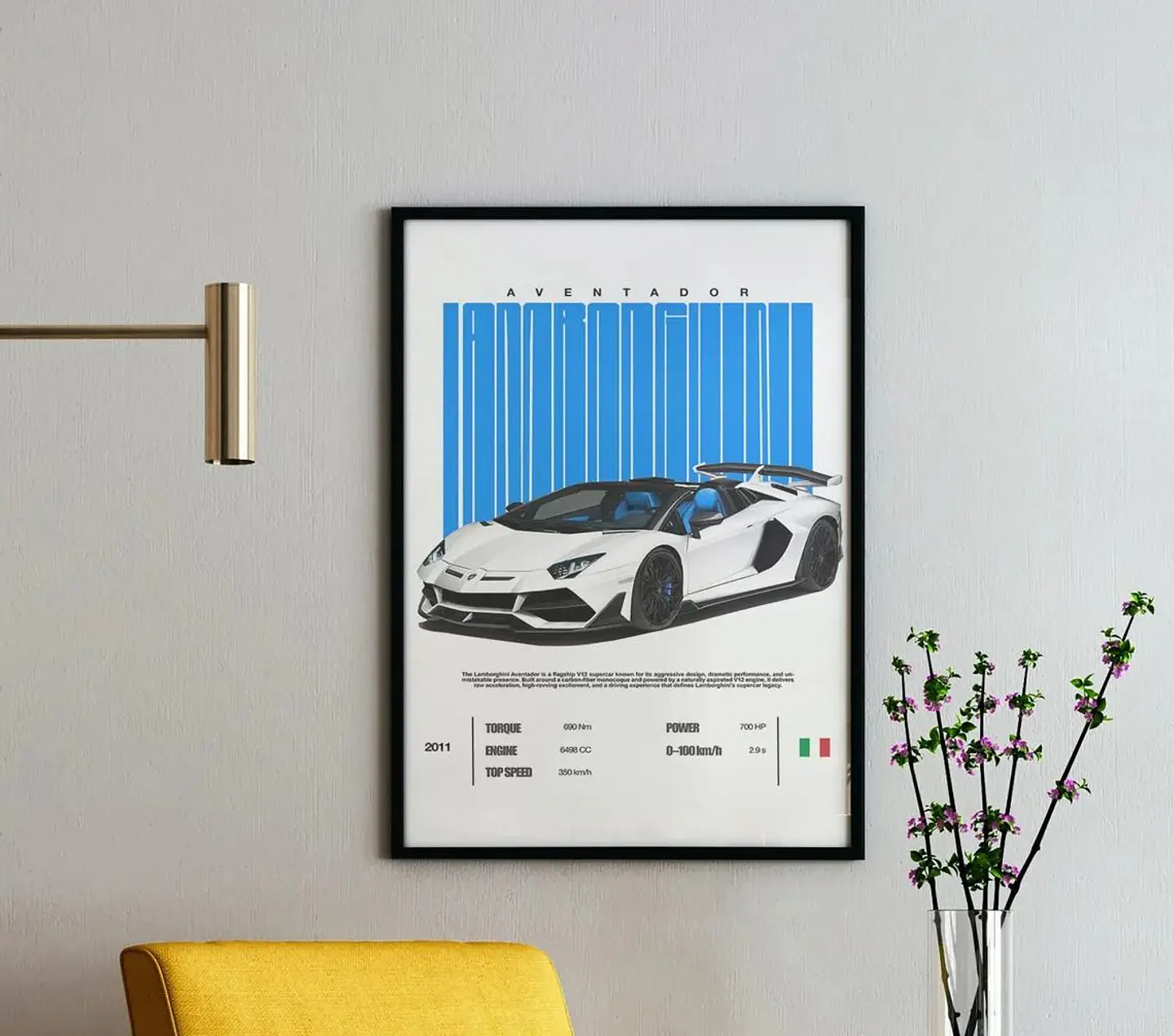 Cuadro Lamborghini Aventador Descapotable Blanco + Marco 2
