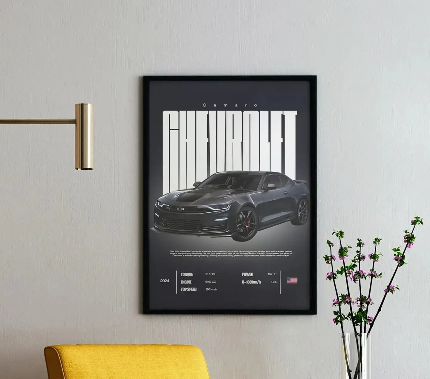 Cuadro Chevrolet Camaro Negro Auto Deportivo + Marco 1