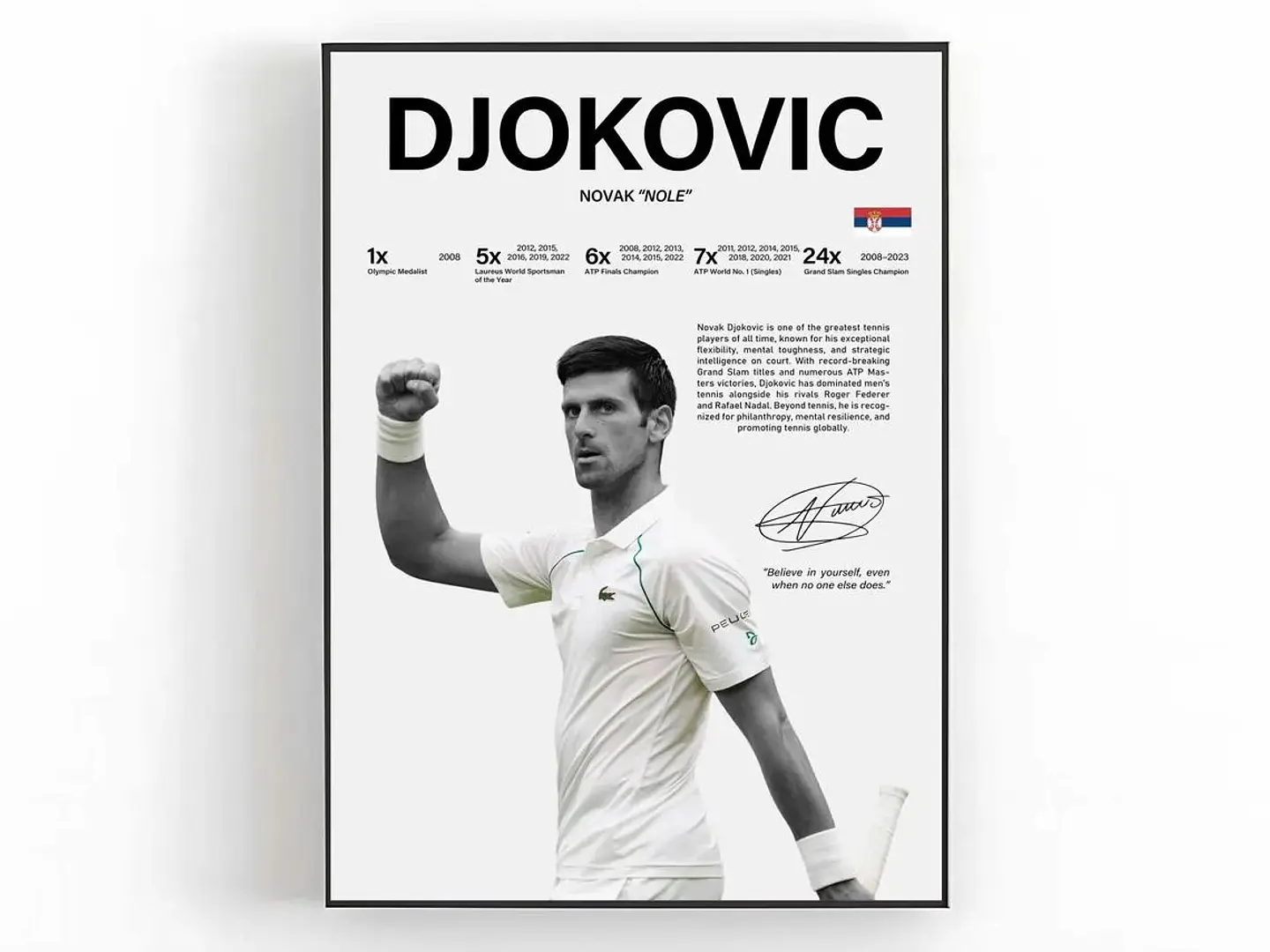 Cuadro Novak Djokovic Tenis Blanco Elegancia y Grandeza + Marco 1