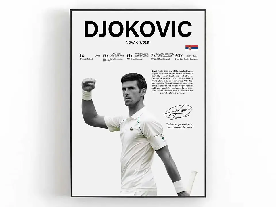 Cuadro Novak Djokovic Tenis Blanco Elegancia y Grandeza + Marco 1