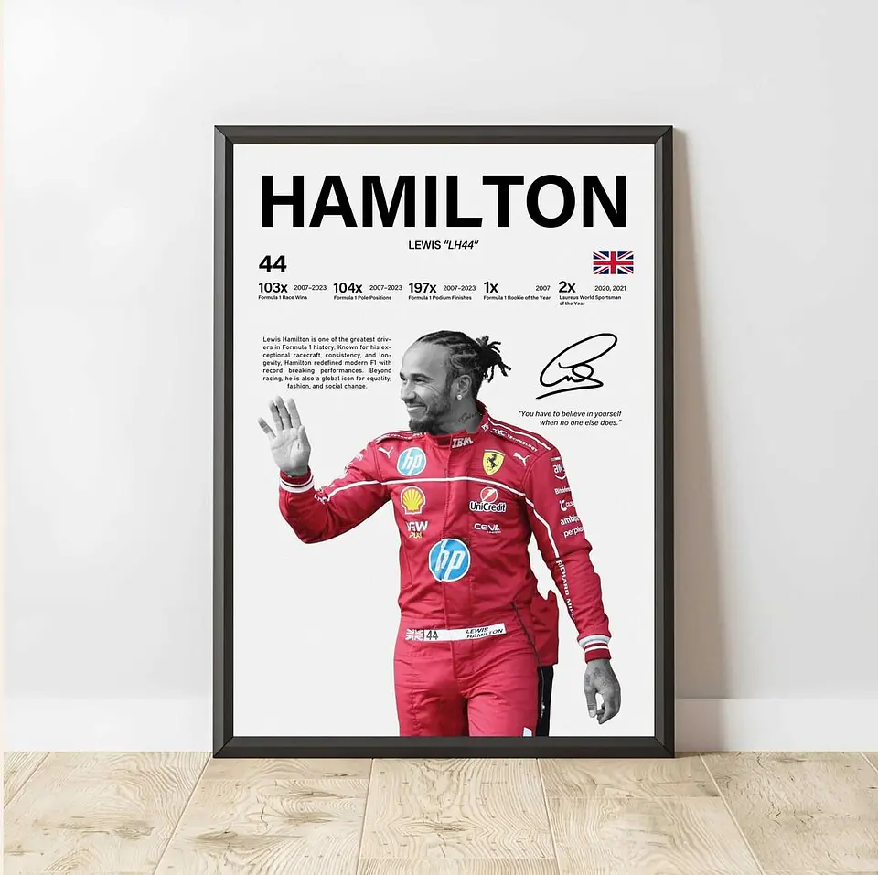 Cuadro Lewis Hamilton F1 Ferrari N°44 Ícono de la Velocidad + Marco 2