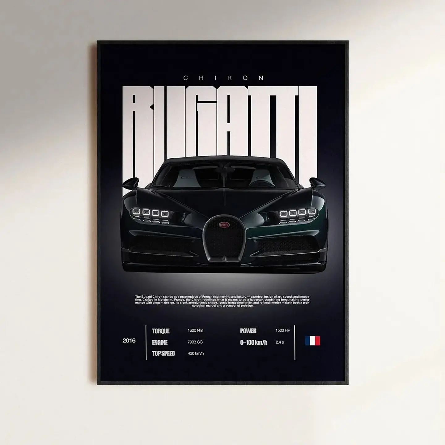 Cuadro Auto Bugatti Chiron Negro + Marco 1