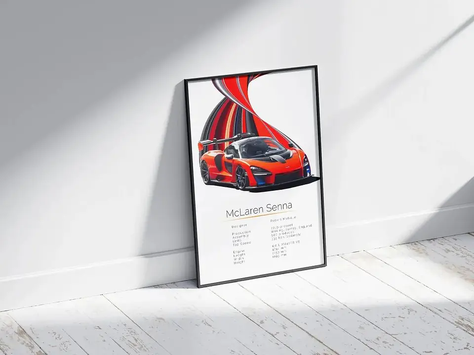 Cuadro Auto Mclaren Senna Naranja Supercar + Marco Negro 3