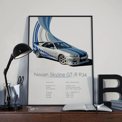 Cuadro Auto Nissan Gt-r R34 Jdm Skyline + Marco Negro