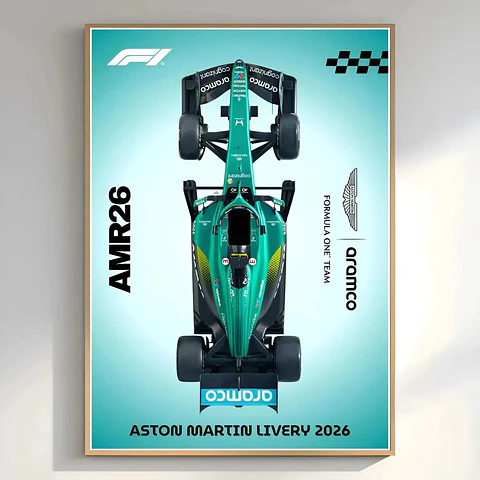 Cuadro Autos Fórmula 1 2026 Vista Aérea Aston Martin + Marco Negro