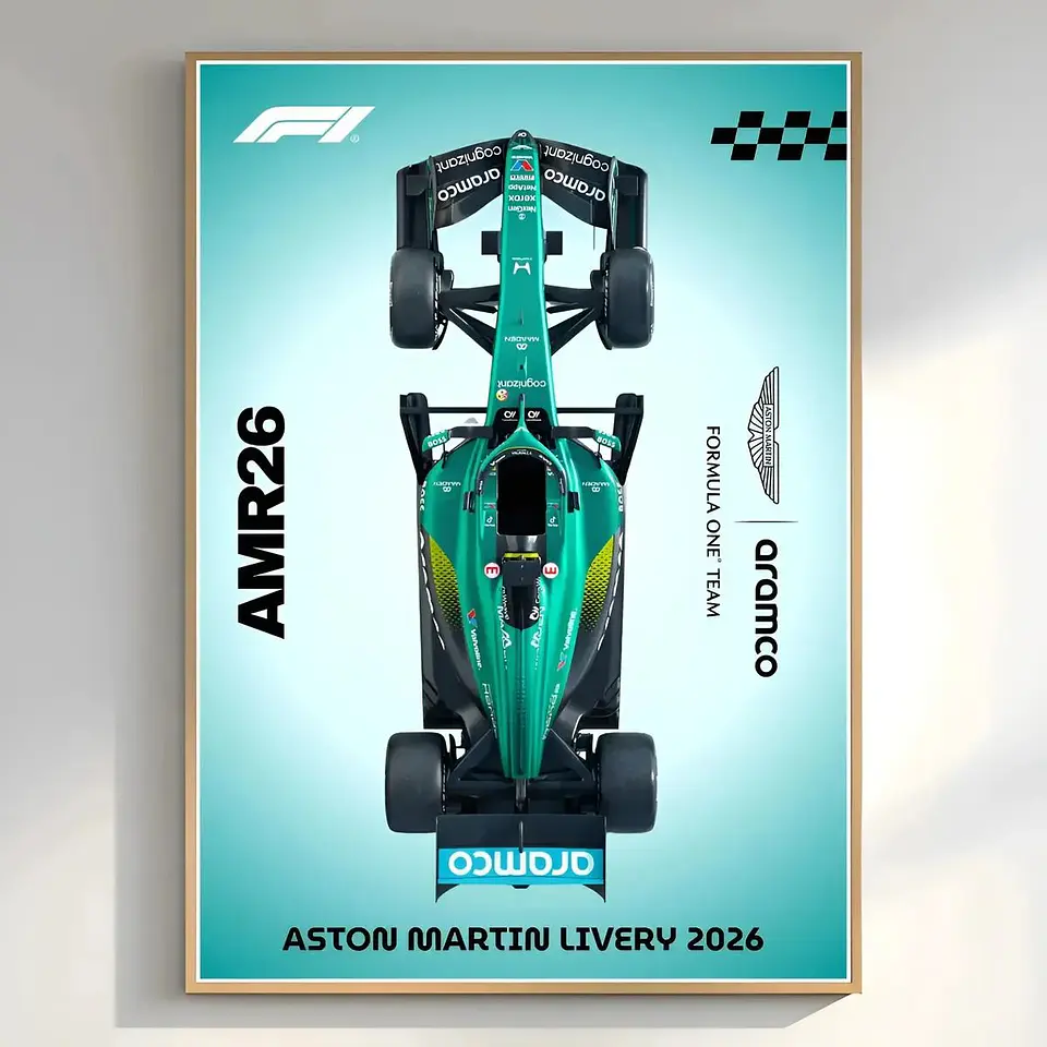 Cuadro Autos Fórmula 1 2026 Vista Aérea Aston Martin + Marco Negro 1