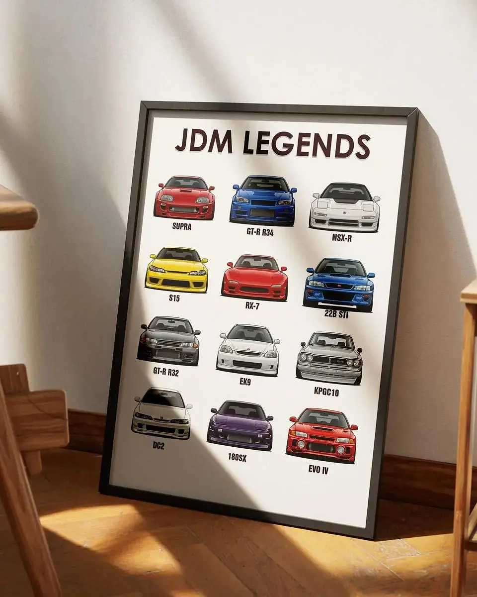 Cuadro Coches Deportivos Japoneses Icónicos Auto Jdm + Marco Negro 3