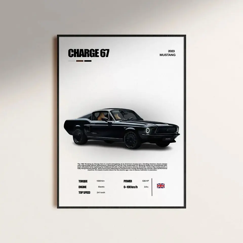 Cuadro Auto Ford Mustang Charge 1967 Blanco + Marco Negro 1