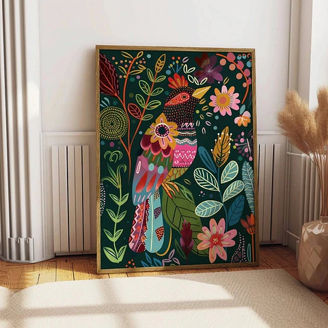 Cuadro Decoración Hogar Living Pájaro Floral + Marco