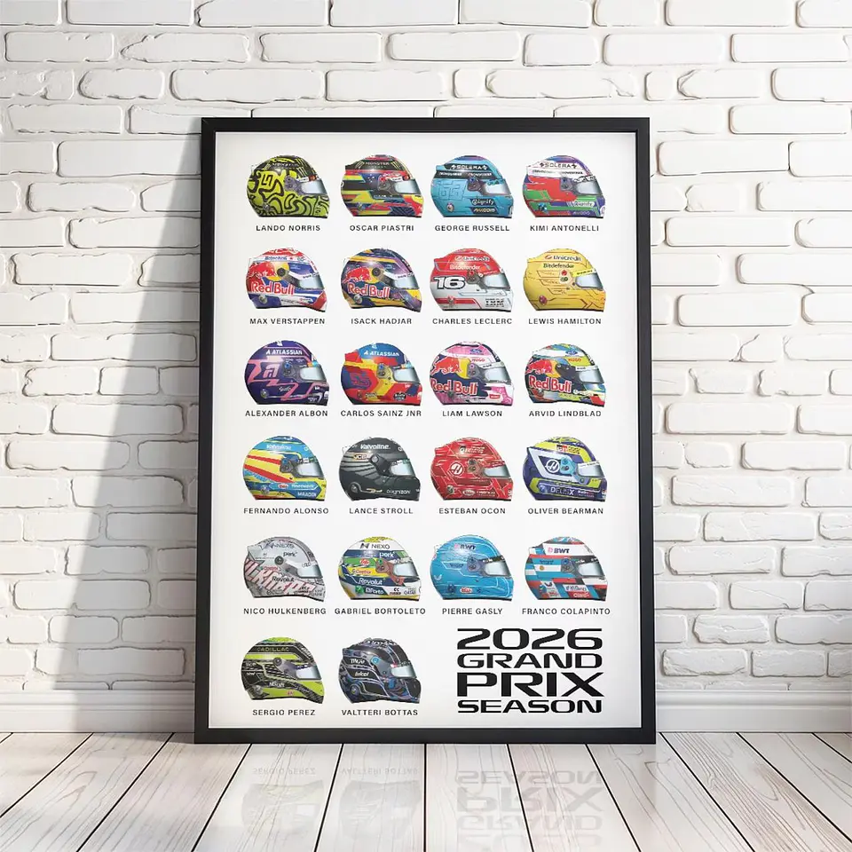 Cuadro Cascos Pilotos Fórmula 1 Gran Premio 2026 + Marco 2