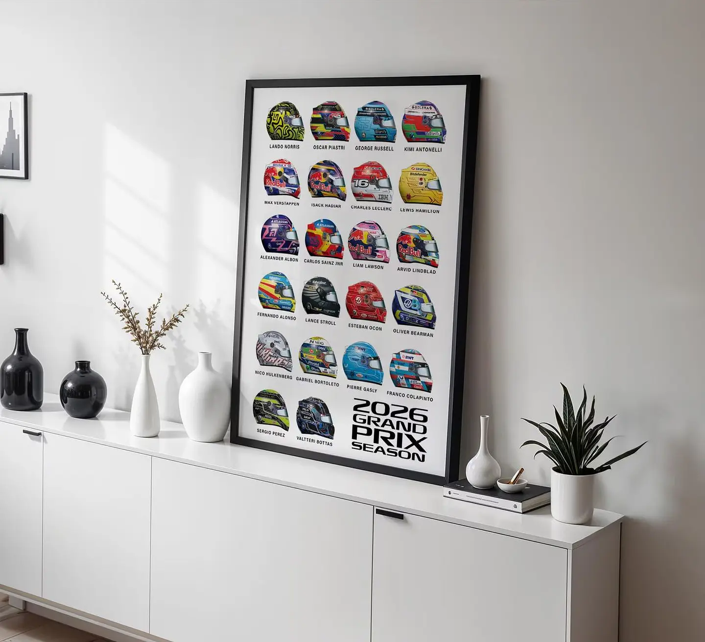Cuadro Cascos Pilotos Fórmula 1 Gran Premio 2026 + Marco 4