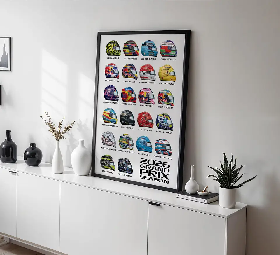 Cuadro Cascos Pilotos Fórmula 1 Gran Premio 2026 + Marco 4