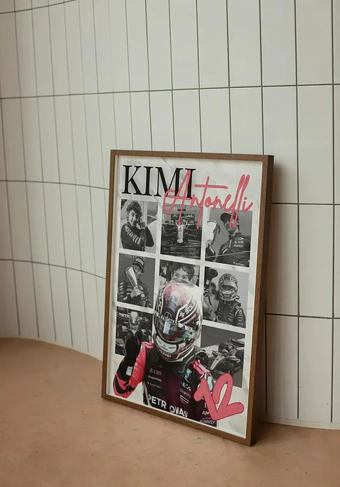 Cuadro Fórmula 1 Andrea Kimi Antonelli II Mercedes Benz AMG F1 Decoración Automovilismo Marco Negro