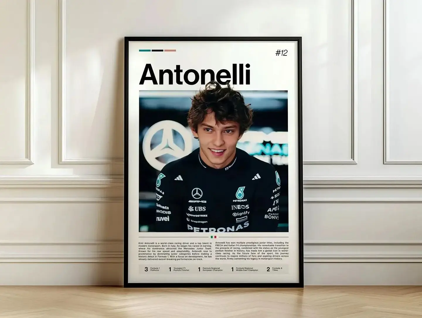 Cuadro Fórmula 1 Andrea Kimi Antonelli IV Mercedes Benz AMG F1 Decoración Automovilismo Marco Negro 1