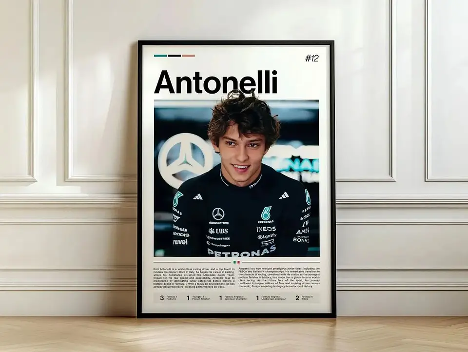 Cuadro Fórmula 1 Andrea Kimi Antonelli IV Mercedes Benz AMG F1 Decoración Automovilismo Marco Negro 1