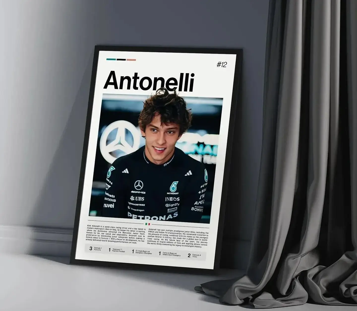 Cuadro Fórmula 1 Andrea Kimi Antonelli IV Mercedes Benz AMG F1 Decoración Automovilismo Marco Negro 2