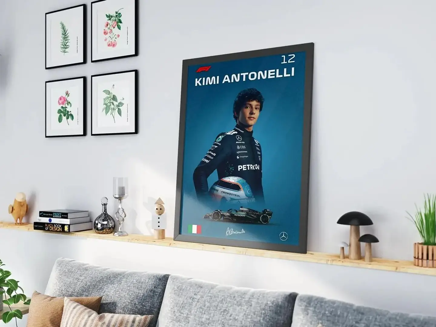 Cuadro Fórmula 1 Andrea Kimi Antonelli IX Mercedes Benz AMG F1 Decoración Automovilismo Marco Negro 1