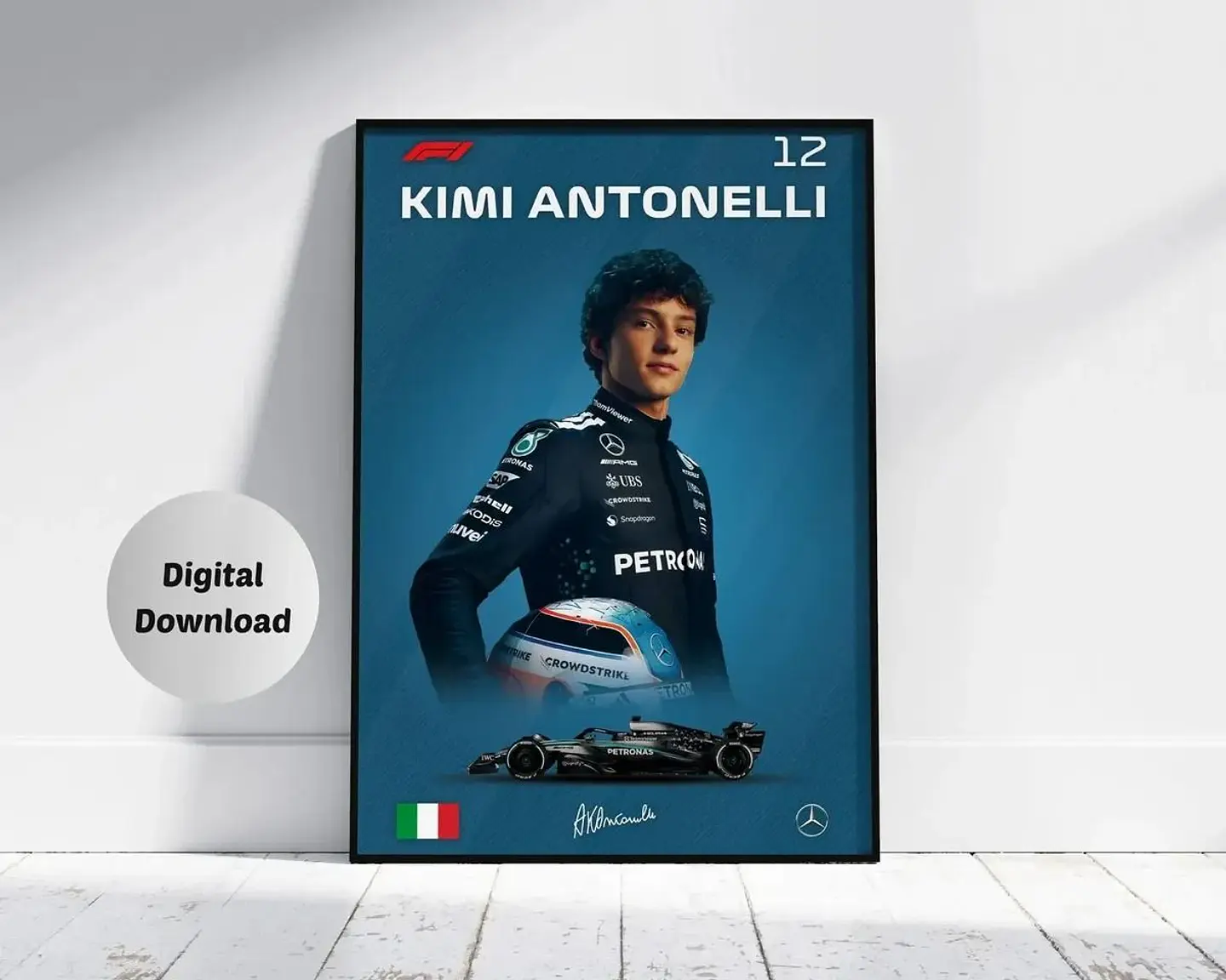 Cuadro Fórmula 1 Andrea Kimi Antonelli IX Mercedes Benz AMG F1 Decoración Automovilismo Marco Negro 3