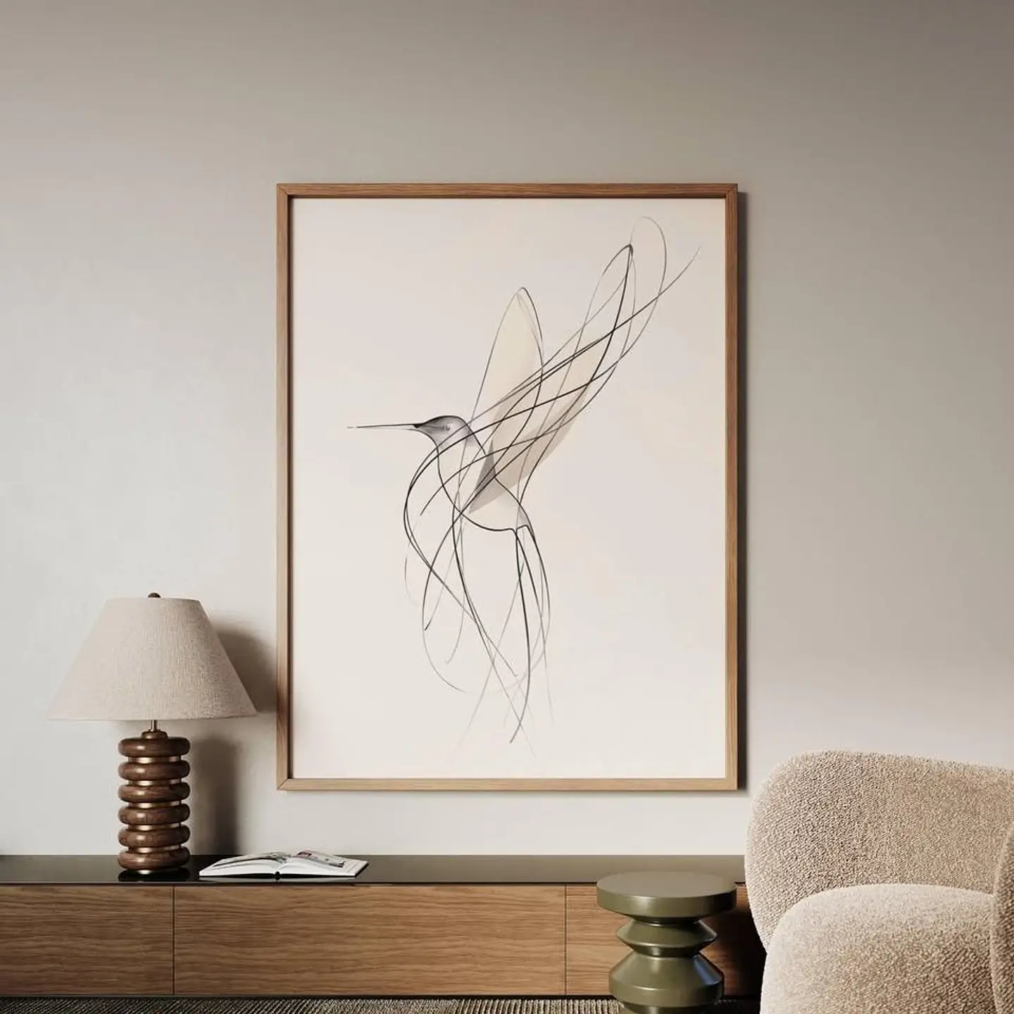 Cuadro Colibrí Verde Fondo Neutro Decoración Moderna Naturaleza Marco 1