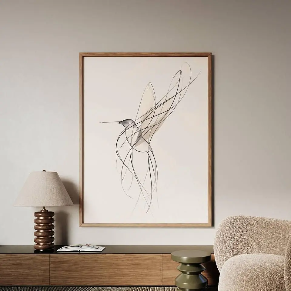 Cuadro Colibrí Verde Fondo Neutro Decoración Moderna Naturaleza Marco 1