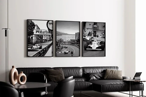 Cuadro Fórmula 1 GP Vintage Set 3 Cuadros Clásicos F1 Decoración Automovilismo Marco