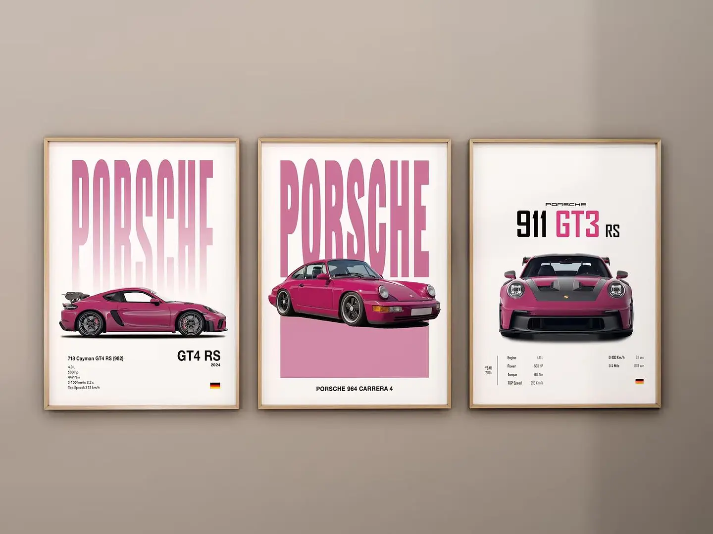 Cuadro Porsche 911 Rosa Set 3 Cuadros Autos Deportivos Decoración Automovilismo + Marco Negro 1