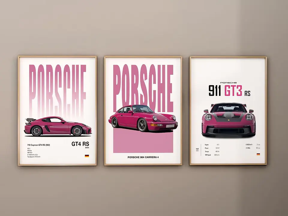 Cuadro Porsche 911 Rosa Set 3 Cuadros Autos Deportivos Decoración Automovilismo + Marco Negro 1