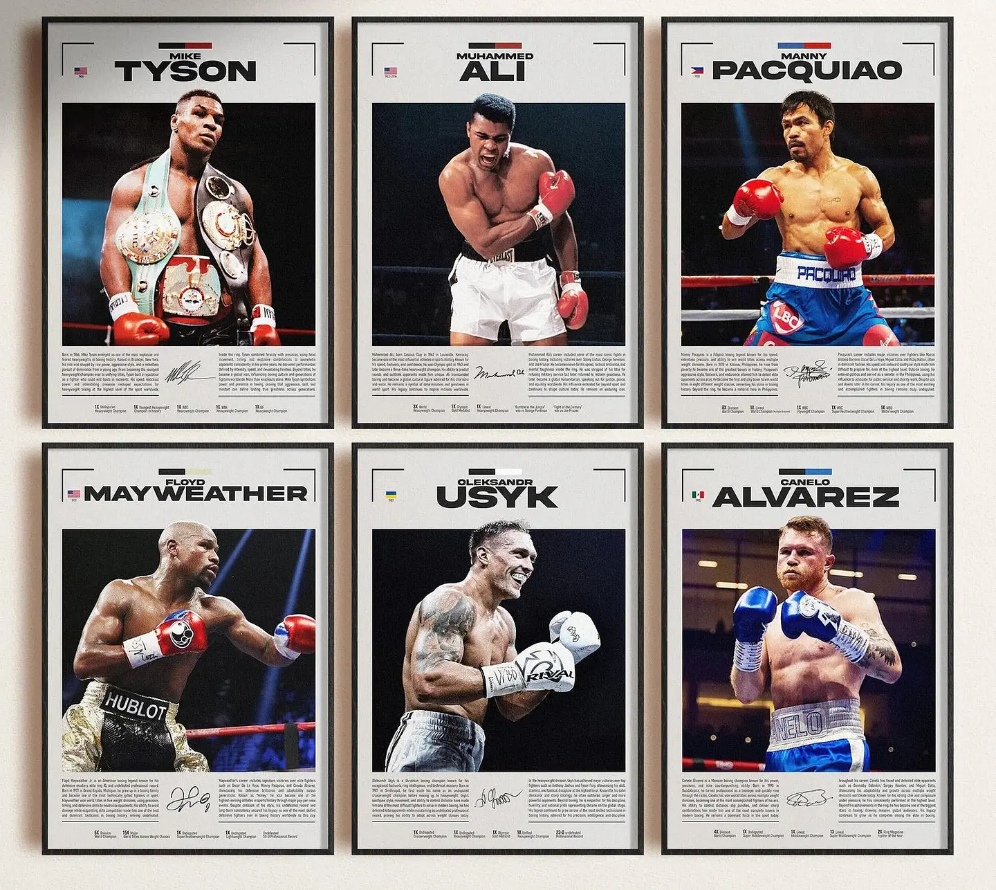 Cuadro 6 Leyendas del Boxeo Tyson, Ali, Pacquiao, Mayweather, Usyk, Álvarez + Marco 2