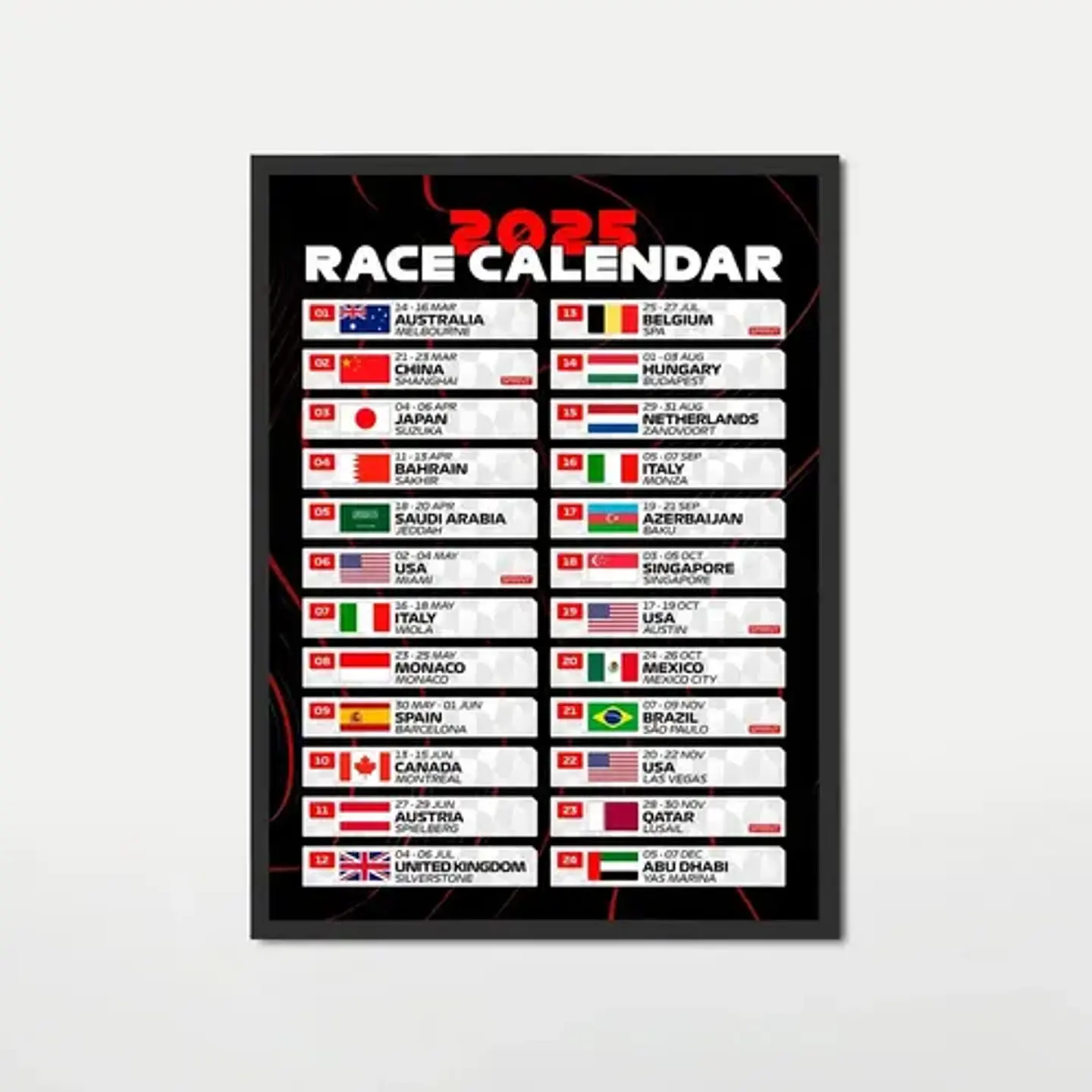 Cuadro Calendario Formula 1 2025 Grand Prix Motorsport 1
