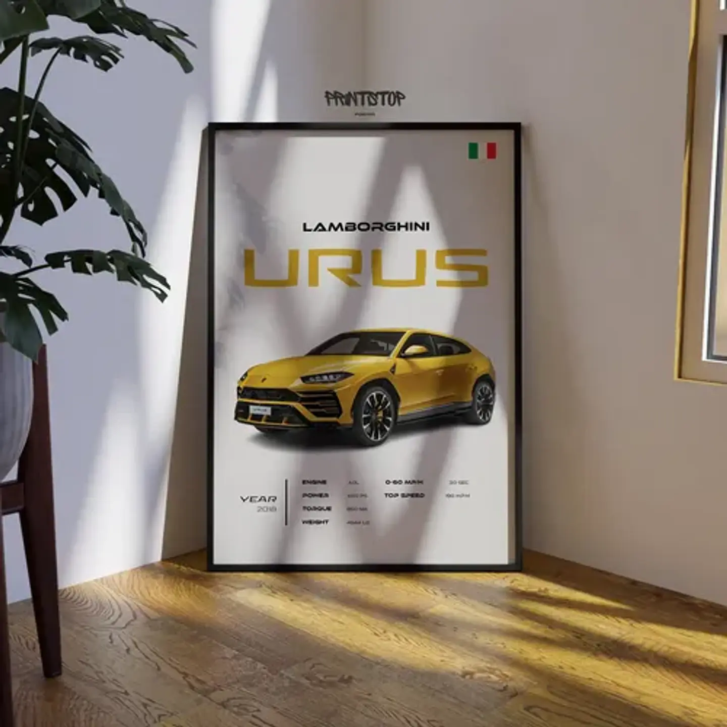 Cuadro Auto Lamborghini Urus Amarilla Deportivo + Marco 1