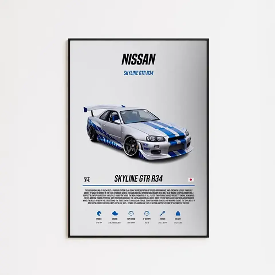 Cuadro Auto Nissan Skyline Gtr R34 Deportivo + Marco 1