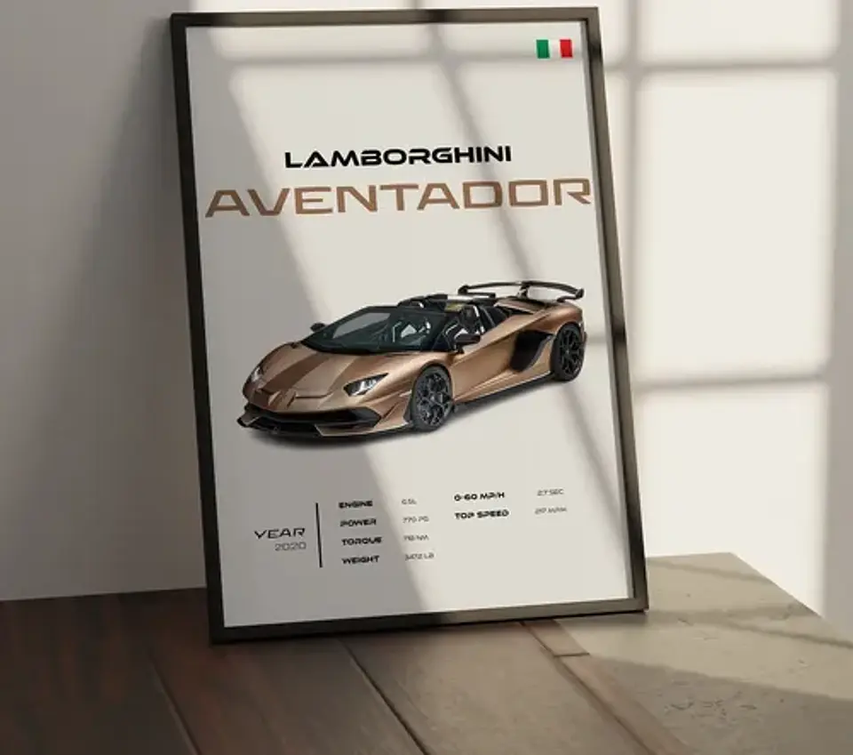 Cuadro Auto Lamborghini Aventador Dorado Deportivo + Marco 1