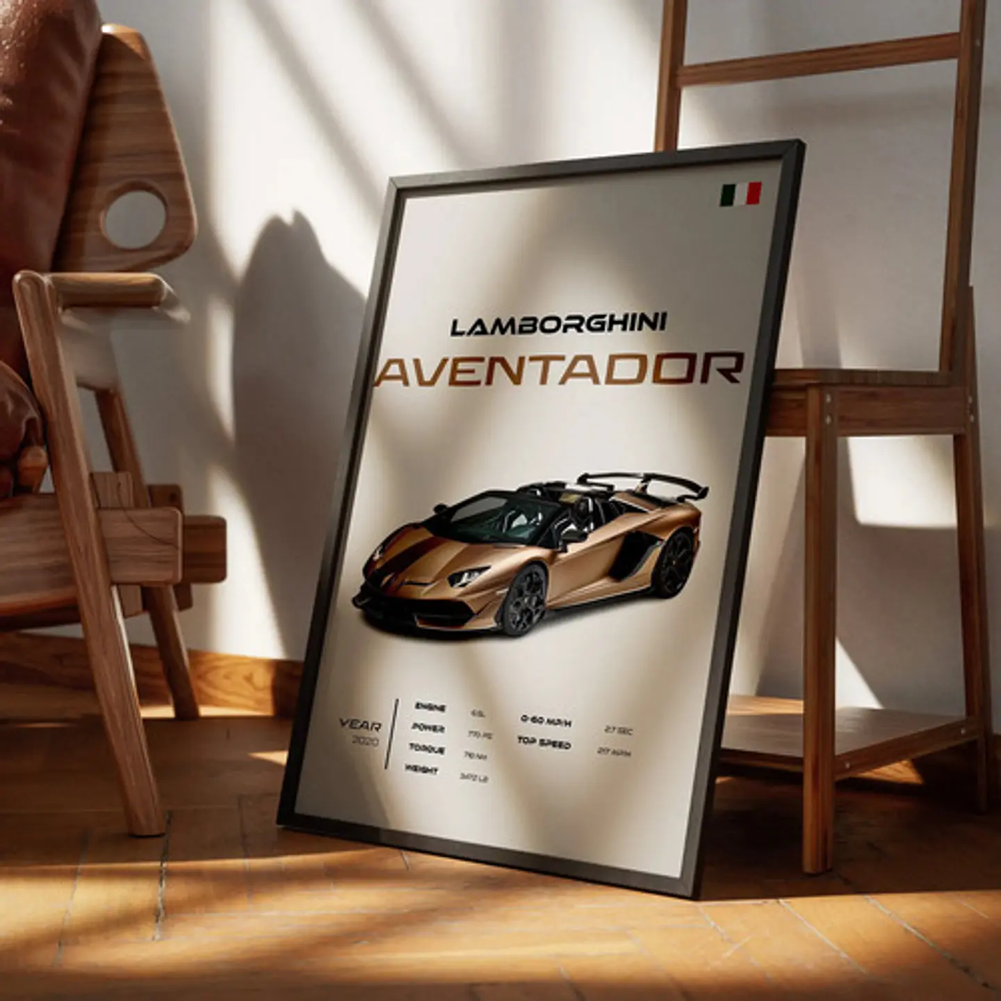 Cuadro Auto Lamborghini Aventador Dorado Deportivo + Marco 2