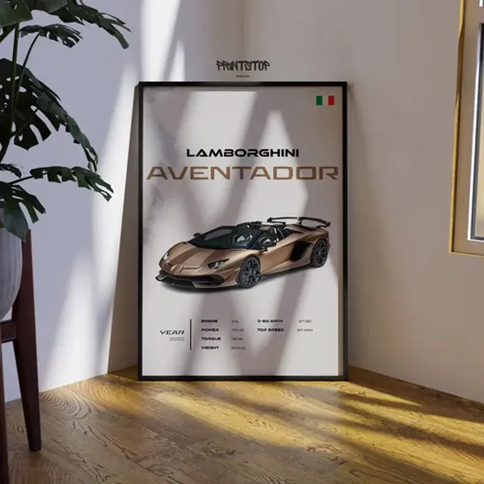Cuadro Auto Lamborghini Aventador Dorado Deportivo + Marco 3