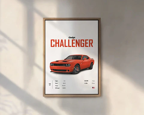 Cuadro Auto Dodge Challenger Naranja Deportivo + Marco Negro