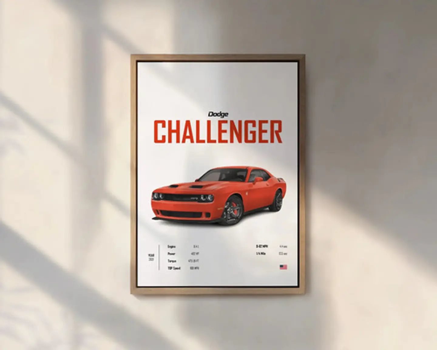 Cuadro Auto Dodge Challenger Naranja Deportivo + Marco Negro 1