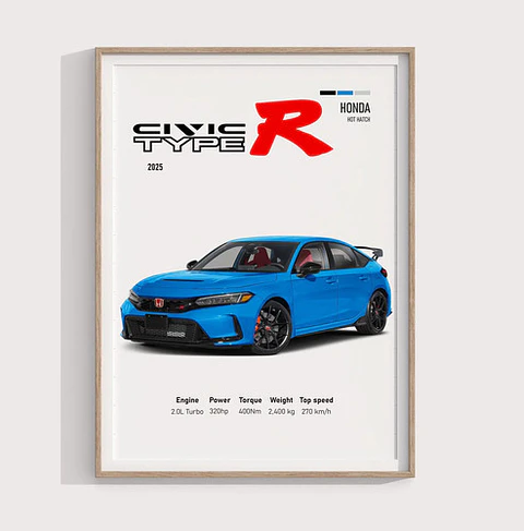 Cuadro Auto 2025 Honda Civic Type R Deportivo + Marco Negro