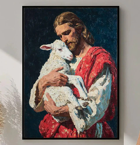 Cuadro Cristiano Jesús Y Oveja | Estilo Oleo Decoracion