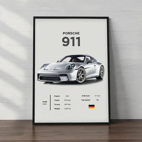 Cuadro Auto Porsche 911 Gris: Icónico Deportivo + Marco