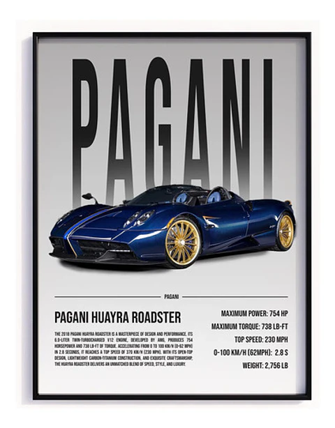 Cuadro Auto Pagani Huayra Roadster Deportivo + Marco