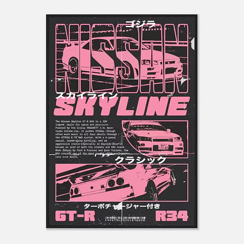 Cuadro Auto Rosa Nissan Skyline Gt-r R34 Deportivo + Marco