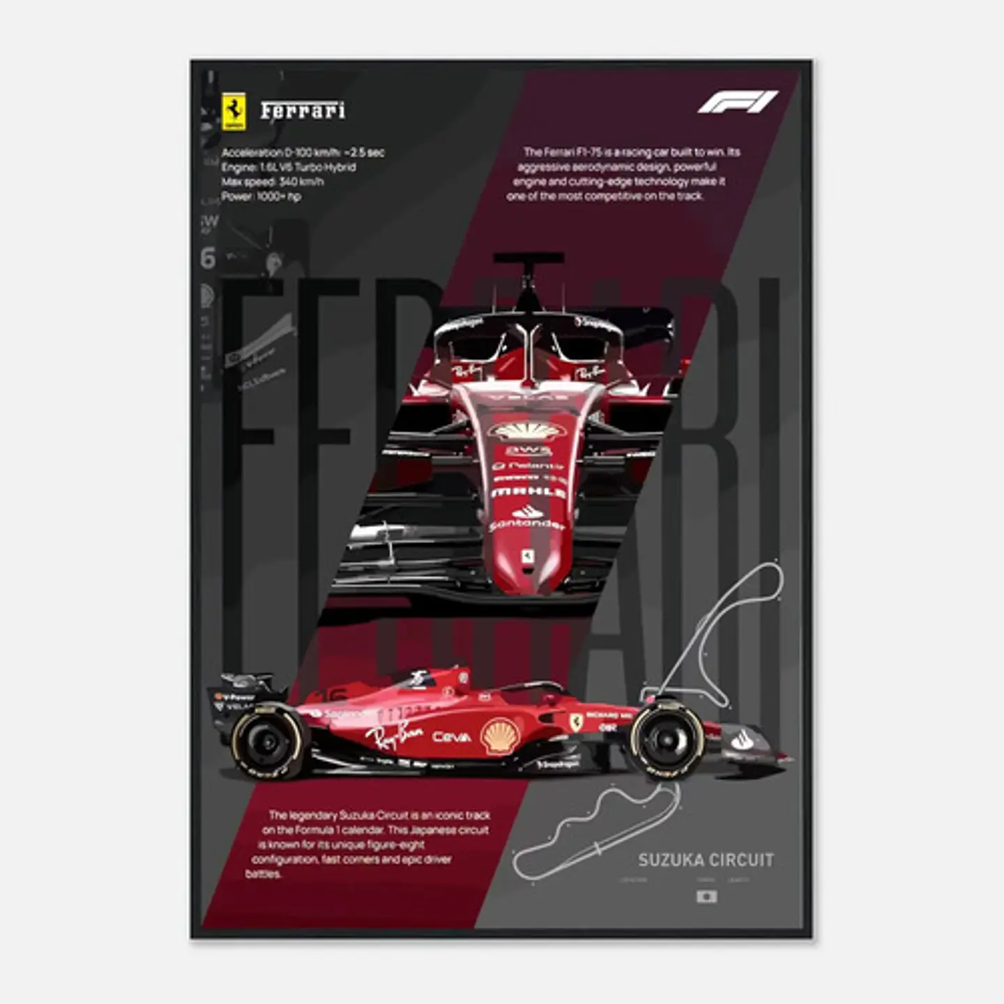 Cuadro Auto Ferrari F1-75 Edicion Especial Deportivo + Marco 2