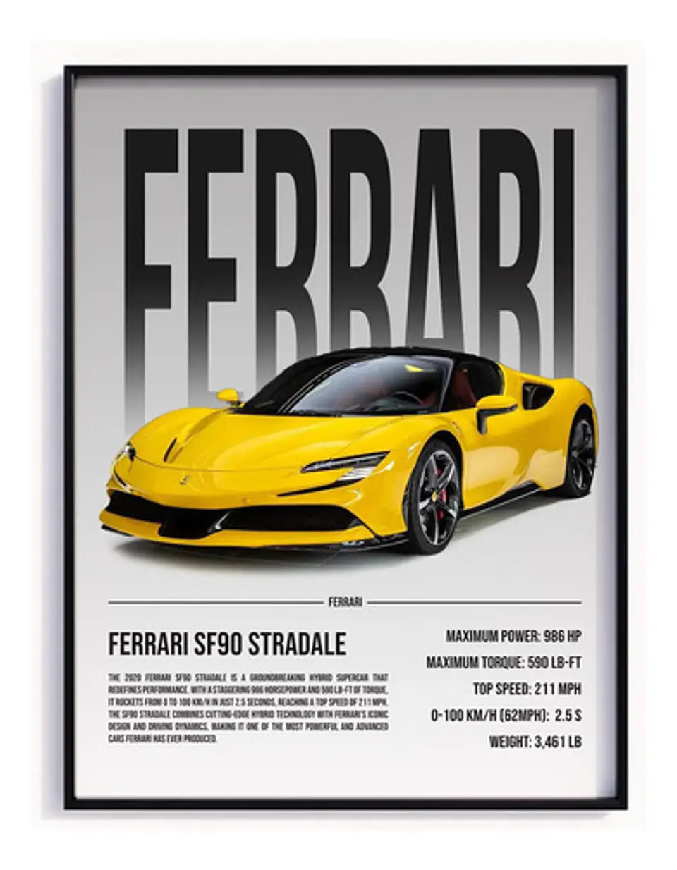 Cuadro Auto Ferrari Sf90 Stradale Amarillo Deportivo + Marco 2