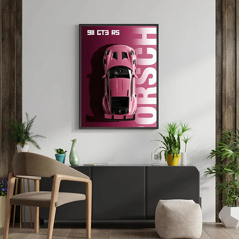 Cuadro Auto Porsche 911 Gt3 Rs Rosa Deportivo + Marco