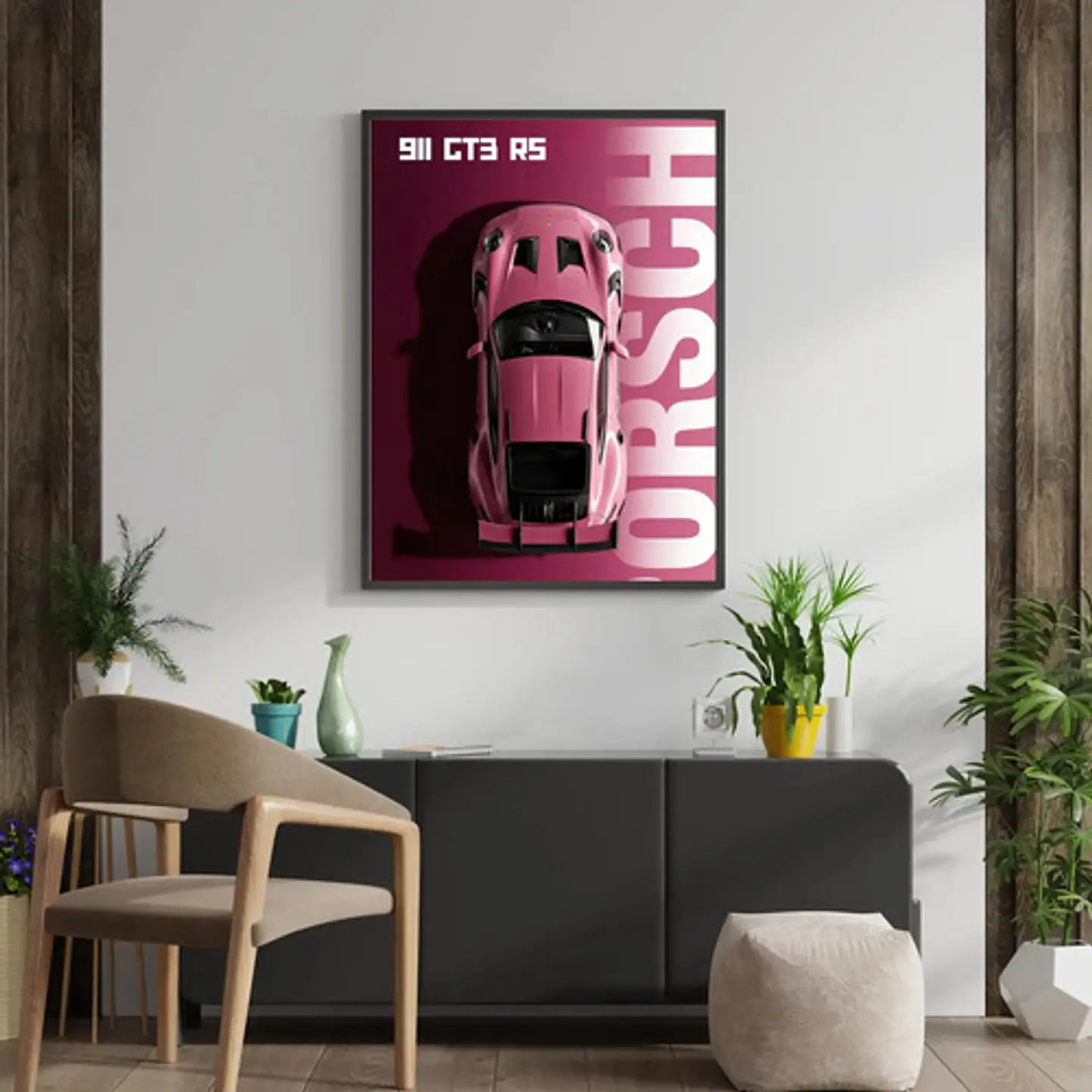 Cuadro Auto Porsche 911 Gt3 Rs Rosa Deportivo + Marco 2