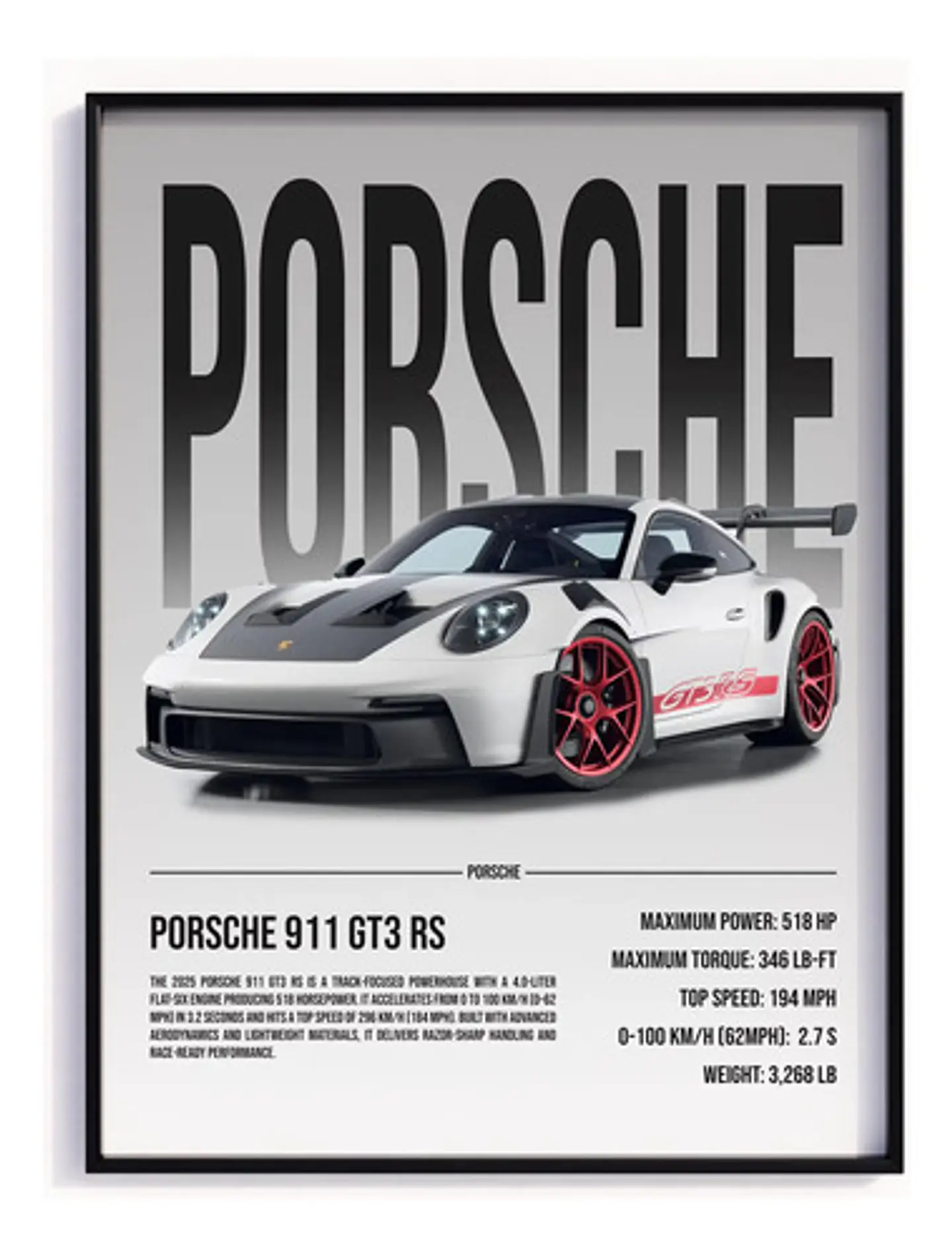Cuadro Auto Rojo Rines Porsche 911 Gt3 Rs Deportivo + Marco 2