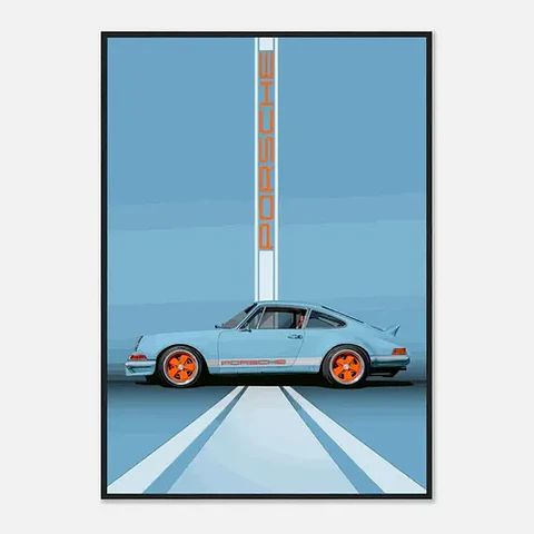 Cuadro Auto Porsche 911 Celeste Deportivo + Marco